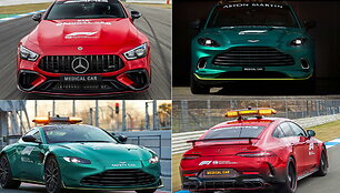 Mercedes Benz AMG ir Aston Martin F1 saugos automobiliai 