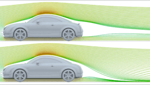 Audi TT aerodinamikos palyginimas – viršuje su spoileriu, apačioje – be jo. (Mr. Aerodynamics , Wikimedia (CC BY-SA 4.0)