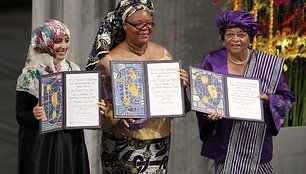 Liberijos prezidentė Ellen Johnson Sirleaf, Liberijos žmogaus teisių gynėja Leymah Gbowee ir aktyvistė iš Jemeno Tawakkul Karman.