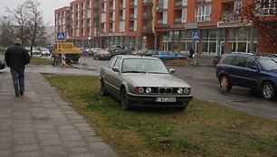 Automobilis parkuojamas ant žolės