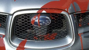 Vienas i&scaron; sostinėje dažais apipiltų &bdquo;Subaru" automobilių. 