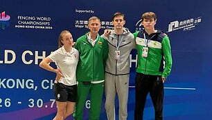 Iš kairės: Olivija Mašalo, treneris Jurijus Mašalo, Mindaugas Tamošiūnas, Makaras Lozenko