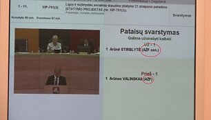 Seimo posėdžių salėje esančiuose ekranuose rodoma Ąžuolo frakcijos santrumpa - su klaida.