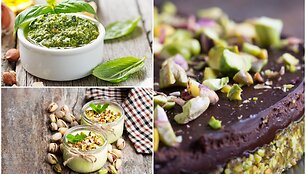 Pistacijų pesto, pistacijų ir jogurto kremas bei &scaron;okoladinis pyragas