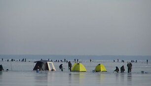 Ant Kur&scaron;ių marių ledo, nepaisydami &scaron;alčio, įsikūrė žvejai.