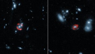 Kombinuoti keleto galaktikų kadrai, kur raudona spalva &ndash; ALMA užfiksuoti fragmentai, mėlyna &ndash; kosminio teleskopo &bdquo;Hubble&ldquo; fragmentai.