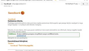 &bdquo;Swedbank&ldquo; įspėja saugotis sukčių platinamų el. lai&scaron;kų