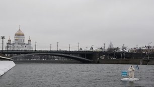 Baltąja meška persirengęs „Greenpeace“ aktyvistas Maskvos upėje