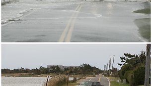 Sandy uragano suniokotos vietovės 2012 m. (viršuje) ir vietos gyventojų per metus sutvarkytos (apačioje)