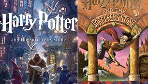&bdquo;Haris Poteris ir I&scaron;minties akmuo&ldquo; (JAV &scaron;i knyga verčiama &bdquo;Harry Potter and the Sorcerer's Stone&ldquo;). Kairėje pusėje &ndash; naujas, die&scaron;inėje &ndash; senas knygos vir&scaron;elis.