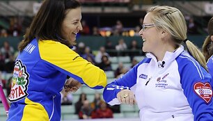 Sportininkės Heather Nedohin ir Kelly Scott trinkteli alkūnėmis vietoj to, kad pasveikintų viena kitą rankomis.