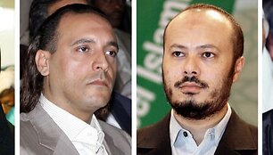 M.Kadhafi &scaron;eima (i&scaron; kairės): žmona Safya, sūnūs Mohamedas ir Hanibalas, dukra Aisha