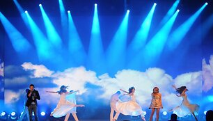 Eurovision winners El, left, and Nikki, second right, of Azerbaijan perform during the Semi-Final Allocation Draw for the 2012 Eurovision Song Contest in Baku, Azerbaijan.