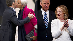 Kairėje: Prancūzijos prezidentas Nicolas Sarkozy bučiuoja Tarptautinio valiutos fondo prezidentę Christine Lagarde. De&scaron;inėje: buvusi JAV valstybės sekretorė Hillary Clinton apdovanojimų ceremonijoje Va&scaron;ingtone. 