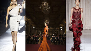 I&scaron; kairės: Alber Elbaz 2013 m. pavasario/vasaros kolekcija &bdquo;Lanvin&ldquo; mados namams. Viduryje: &bdquo;Zac Posen&ldquo; modelis i&scaron; rudens/žiemos 2013/14 kolekcijos. De&scaron;inėje: &bdquo;Marchesa&ldquo; mados namų modelis demonstruoja pavasario/vasaros kolekciją. 