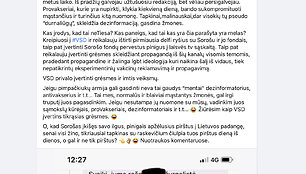 &bdquo;Laišku&ldquo; pasidalijęs asmuo grėsmių mato daug kur
