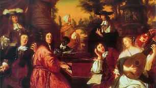 Johannes Voorhout &ndash; Namų muzikavimo scena. Prie klavesino &ndash; J.A.Reinckenas, galvą parėmęs sėdi D.Buxtehudė