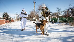 Ukrainos jūrų pėstininkų patrulis priešakinėse fronto linijose glosto vietinį šunį