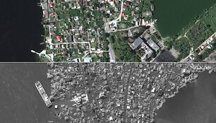 Ukrainos vietovės prie&scaron; ir po užtvakos griūties