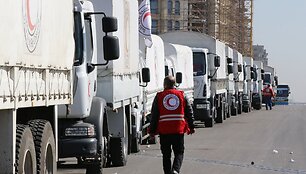 JT Humanitarinės pagalbos konvojus vyksta i&scaron; Damasko į kitus regionus