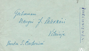 Sofijos Kymantaitės-Čiurlionienės laiško Justui Paleckiui vokas 1954 m.