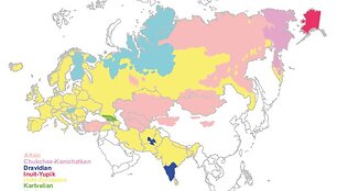 Eurazijos žemėlapis, kuriame skitingomis spalvomis pavaizduotos dabartinių kalbų &scaron;eimos