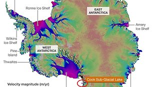 Žemėlapis, kuriame pavaizduotas Antarktidos ledynų judėjimo greitis. Raudonai pažymėtas išsiliejęs poledyninis Kuko ežeras