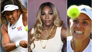 Serena Williams (viduryje) daugiausiai per matus uždirbančių atlečių sąraše yra pirma, Naomi Osaka (kairėje) – antra, Angelique Kerber – trečia.