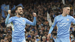 &bdquo;Manchester City&ldquo; ir Madrido &bdquo;Real&ldquo; dvikovos akimirka. Bernardo Silva ir Philas Fodenas