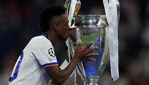 Madrido &bdquo;Real&ldquo; triumfavo Čempionų lygoje: Vinicius Junioras.