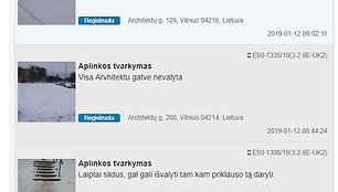 Puslapyje &bdquo;Tvarkau Vilnių&ldquo; užfiksuoti prane&scaron;imai dėl nei&scaron;valytos nuo sniego Architektų g. Lazdynuose