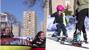 Sumažėjus pramogų, mokyklos kieme išdygo slidinėjimo trasa – vaikai mokosi čiuožti ir džiaugiasi grynu oru