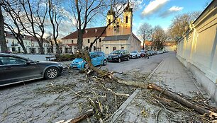 Vilniuje nuo vėjo nukentėjo automobilis