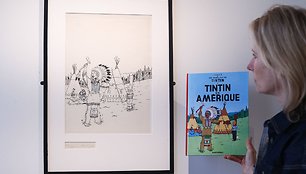 Tušu pieštas Herge piešinys, skirtas serijos „Tintinas Amerikoje“ viršeliui