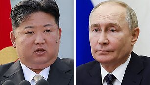 &Scaron;iaurės Korėjos vadovas Kim Jong Unas ir Rusijos prezidentas Vladimiras Putinas
