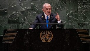  Izraelio ministras pirmininkas Benjaminas Netanyahu / STEPHANIE KEITH / Getty Images via AFP