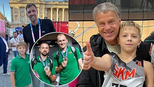 Rolandas Skaisgirys, jo sūnus Atas su Dirku Nowitzki, Aurelijus Pukelis ir Šarūnas Vingelis