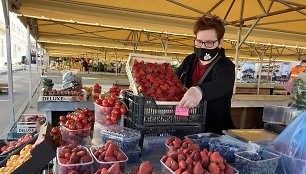 Klaipėdietė Rita Senajame turguje kol kas gali pasiūlyti tik graikiškų braškių ir laukia, kada bus vežamos lenkiškos arba lietuviškos.