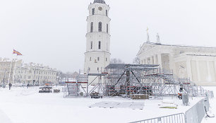 Katedros aikštėje – pradėta statyti Kalėdinė eglė