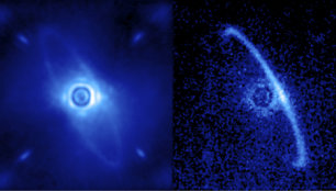 Kairiau – žvaigždės HR4796A vaizdas įprastoje šviesoje, dešiniau – poliarizuotoje šviesoje 