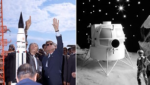Prezidentas Johnas F.Kennedy su Wernheriu von Braunu ir koncepcinis „Apollo“ Mėnulio modulio modelis