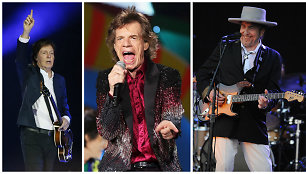 Paulas McCartney, „The Rolling Stones“ lyderis Mickas Jaggeris ir Bobas Dylanas