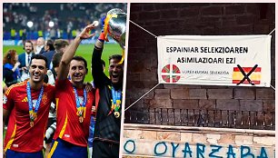 Mikelis Merino, Mikelis Oyarzabalis švenčia Europos čempionų titulą, bet jie sulaukė įžeidžiančio plakato gimtajame baskų krašte.