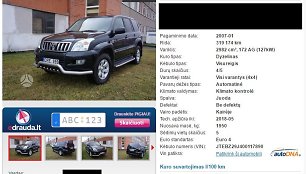 „Toyota Land Cruiser“ su įtartinais ridos duomenimis