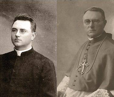 Pirmasis Lekėčių klebonas J.Staugaitis (nuotr. kairėje) ir Telšių vyskupas (nuotr. dešinėje).