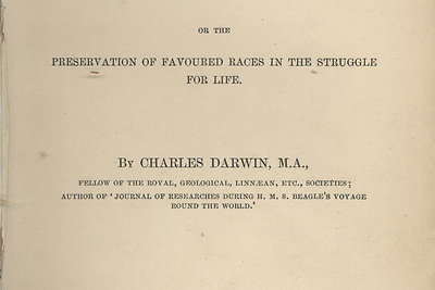 Žymiausio Charleso Darwino veikalo „Rūšių atsiradimas“, pasirodžiusio 1859 metais, pirmojo leidimo viršelis