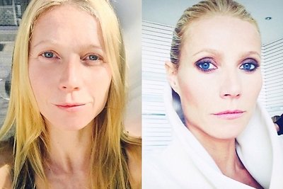 Gwyneth Paltrow be makiažo ir pasidažiusi