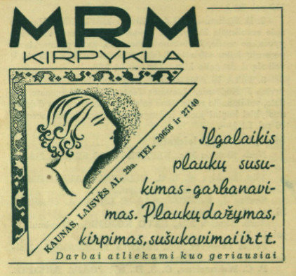 Žurnalas „Moteris ir pasaulis“ / epaveldas.lt nuotr. /Kirpyklos reklama iš žurnalo „Moteris ir pasaulis“ 1938 m. 5 nr. 