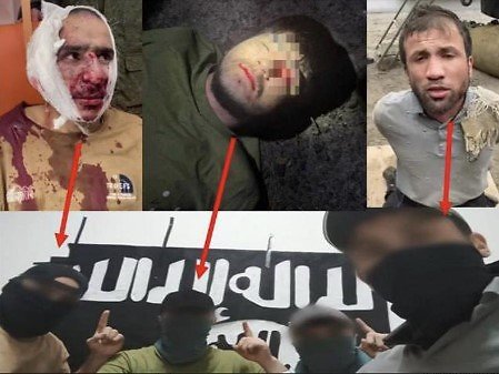 Soc. tinklų nuotr./Maskvos išpuolyje dalyvavę teroristai: apačioje nuotrauka, kurią išplatino ISIS, viršuje – teroristai po sulaikymo