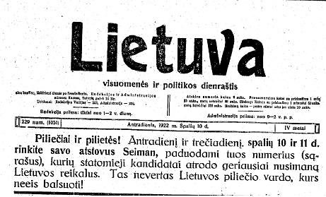 Raginimas balsuoti laikraštyje „Lietuva“, 1922 m.